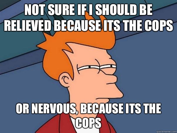 Not sure if I should be relieved because its the cops Or nervous, because its the cops  Futurama Fry