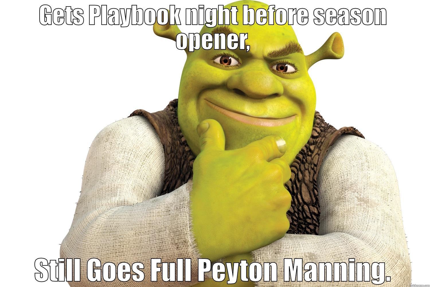 Shrek Smirking - GETS PLAYBOOK NIGHT BEFORE SEASON OPENER, STILL GOES FULL PEYTON MANNING. Misc