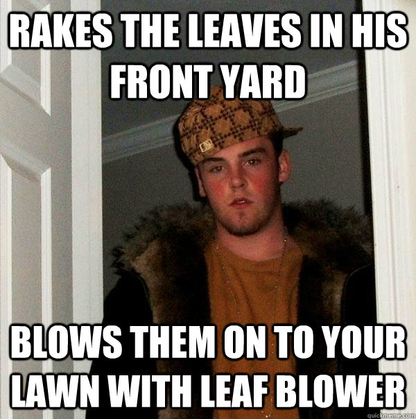 rakes the leaves in his front yard blows them on to your lawn with leaf blower - rakes the leaves in his front yard blows them on to your lawn with leaf blower  Scumbag Steve