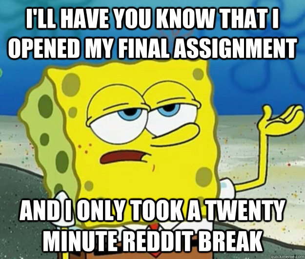 I'll have you know that i opened my final assignment and i only took a twenty minute reddit break  Tough Spongebob