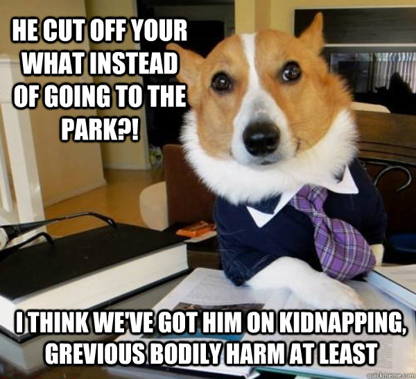 He cut off your what instead of going to the park?! I think we've got him on kidnapping, grevious bodily harm at least  Lawyer Dog