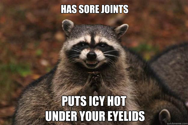 Has sore joints puts Icy Hot
 under your eyelids  Evil Plotting Raccoon