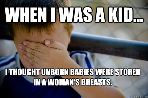 WHEN I WAS A KID... I thought unborn babies were stored in a woman's breasts.    Confession kid