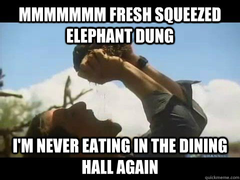 MMmmmmm fresh squeezed elephant dung i'm never eating in the dining hall again  Bear Grylls