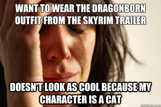 want to wear the dragonborn outfit from the skyrim trailer doesn't look as cool because my character is a cat  First World Problems