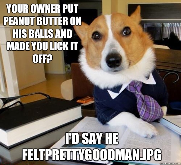 Your owner put peanut butter on his balls and made you lick it off?  I'd say he feltprettygoodman.jpg  Lawyer Dog