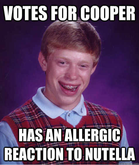 Votes for Cooper  Has an allergic reaction to Nutella - Votes for Cooper  Has an allergic reaction to Nutella  Bad Luck Brian