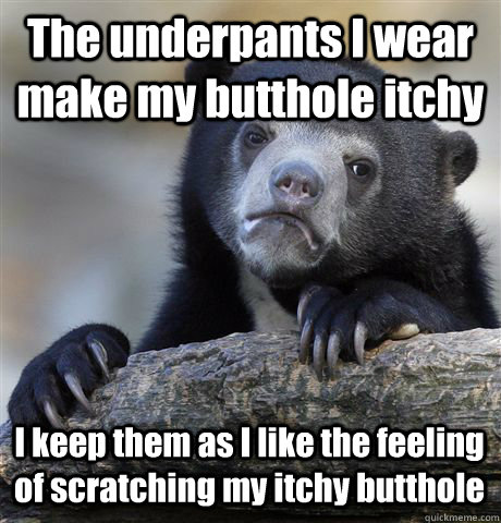 The underpants I wear make my butthole itchy I keep them as I like the feeling of scratching my itchy butthole  Confession Bear