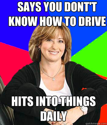 says you dont't know how to drive  hits into things daily  - says you dont't know how to drive  hits into things daily   Sheltering Suburban Mom