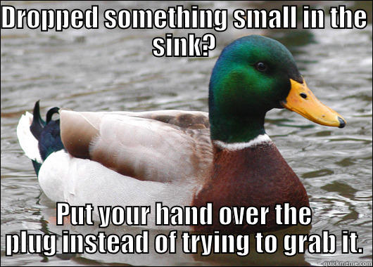 DROPPED SOMETHING SMALL IN THE SINK? PUT YOUR HAND OVER THE PLUG INSTEAD OF TRYING TO GRAB IT. Actual Advice Mallard