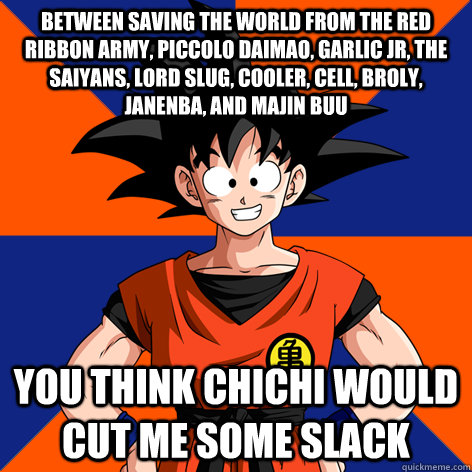 between saving the world from the red ribbon army, piccolo daimao, garlic jr, the saiyans, lord slug, cooler, cell, broly, janenba, and majin buu you think chichi would cut me some slack  Good Guy Goku