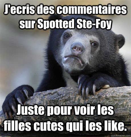 J'ecris des commentaires sur Spotted Ste-Foy Juste pour voir les filles cutes qui les like.  Confession Bear