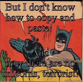 BUT I DON'T KNOW HOW TO COPY AND PASTE! AND NOW THERE ARE NO UNICORNS, TERRORIST! Slappin Batman