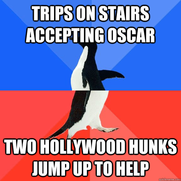 trips on stairs accepting oscar two hollywood hunks jump up to help  Socially Awkward Awesome Penguin