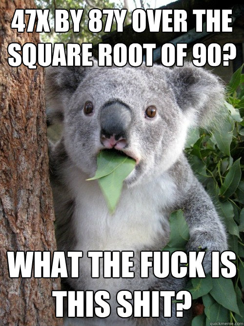 47x by 87y over the square root of 90? What the fuck is this shit?  koala bear