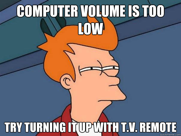 Computer volume is too low Try turning it up with t.v. remote  Futurama Fry