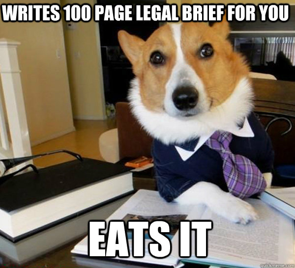 Writes 100 page legal brief for you Eats it  Lawyer Dog