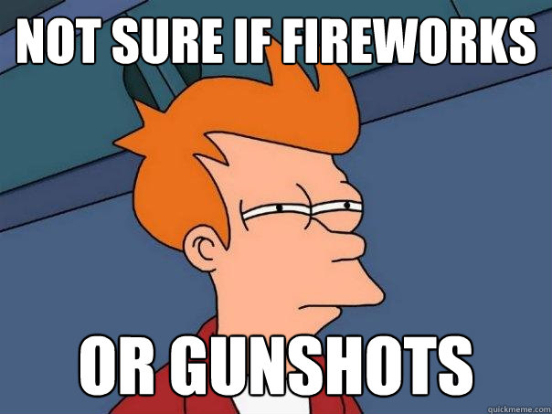 Not sure if fireworks Or gunshots  Futurama Fry