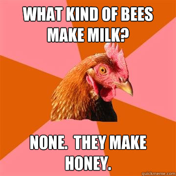 What kind of bees make milk? None.  They make honey.  Anti-Joke Chicken