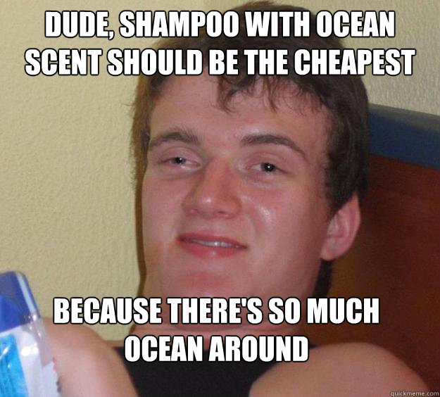 Dude, shampoo with ocean scent should be the cheapest because there's so much ocean around
 - Dude, shampoo with ocean scent should be the cheapest because there's so much ocean around
  10 Guy