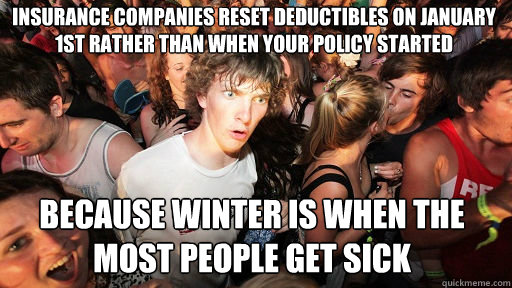 Insurance companies reset deductibles on January 1st rather than when your policy started because winter is when the most people get sick - Insurance companies reset deductibles on January 1st rather than when your policy started because winter is when the most people get sick  Sudden Clarity Clarence