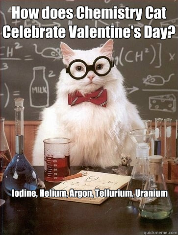 How does Chemistry Cat Celebrate Valentine's Day? Iodine, Helium, Argon, Tellurium, Uranium  Chemistry Cat