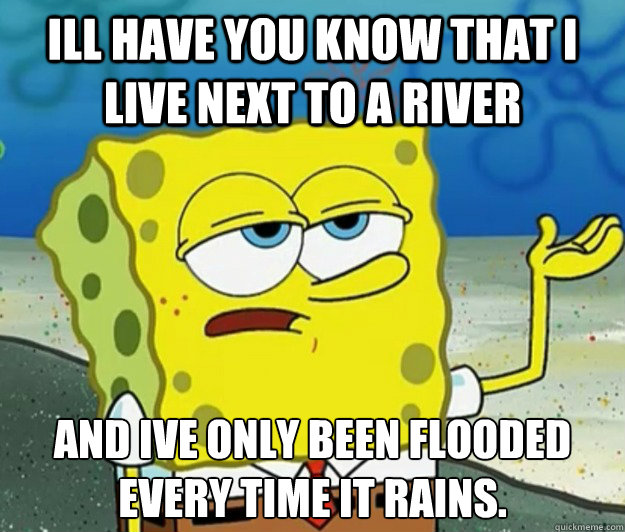 Ill have you know that I live next to a river and Ive only been flooded every time it rains. - Ill have you know that I live next to a river and Ive only been flooded every time it rains.  Tough Spongebob