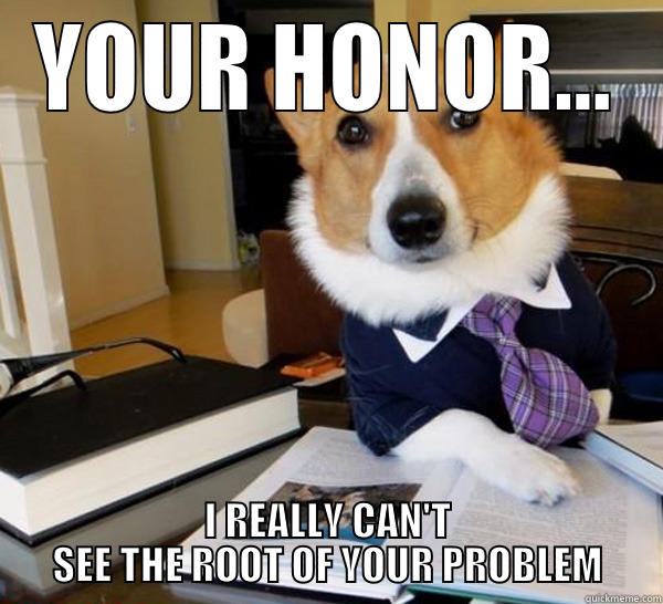 Root jokes - YOUR HONOR... I REALLY CAN'T SEE THE ROOT OF YOUR PROBLEM Lawyer Dog