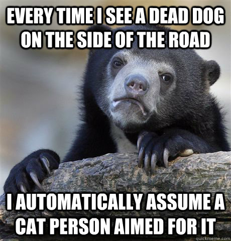 Every time I see a dead dog on the side of the road I automatically assume a cat person aimed for it - Every time I see a dead dog on the side of the road I automatically assume a cat person aimed for it  Confession Bear