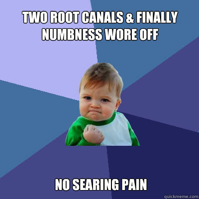 two root canals & finally numbness wore off no searing pain  Success Baby