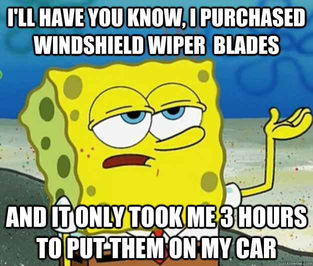 I'll have you know, I purchased windshield wiper  blades And it only took me 3 hours to put them on my car  Tough Spongebob