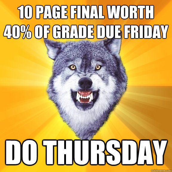 10 page final worth 40% of grade due friday do thursday  Courage Wolf