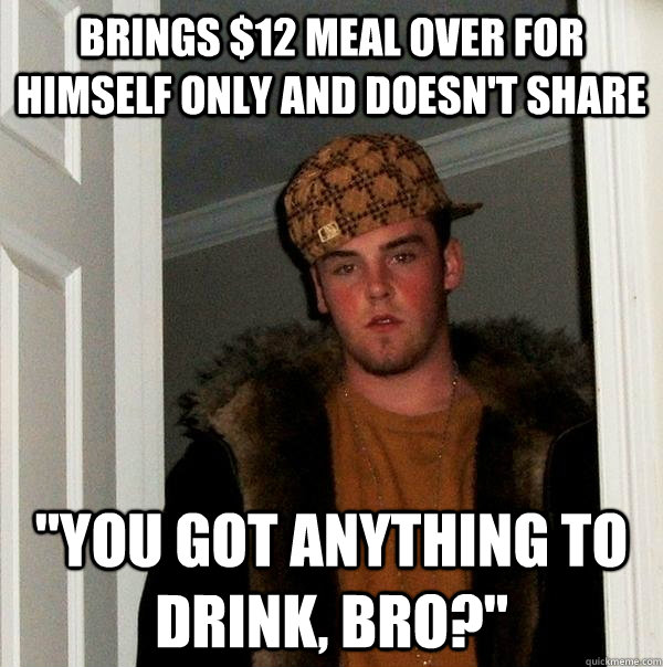 Brings $12 meal over for himself only and doesn't share 