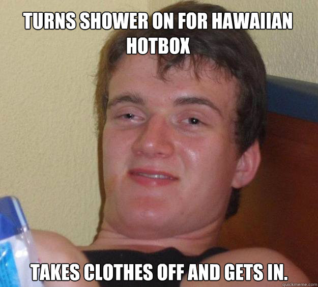 Turns shower on for hawaiian            
hotbox takes clothes off and gets in.  10 Guy