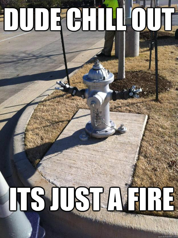 DUDE CHILL OUT
 ITS JUST A FIRE  CHILL OUT FIRE HYDRANT