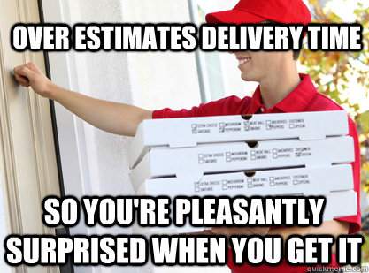 Over estimates delivery time so you're pleasantly surprised when you get it - Over estimates delivery time so you're pleasantly surprised when you get it  Good Guy Pizza Delvery