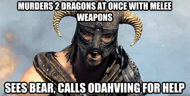 Murders 2 dragons at once with melee weapons Sees bear, calls odahviing for help   skyrim