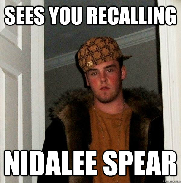 sees you recalling nidalee spear - sees you recalling nidalee spear  Scumbag Steve