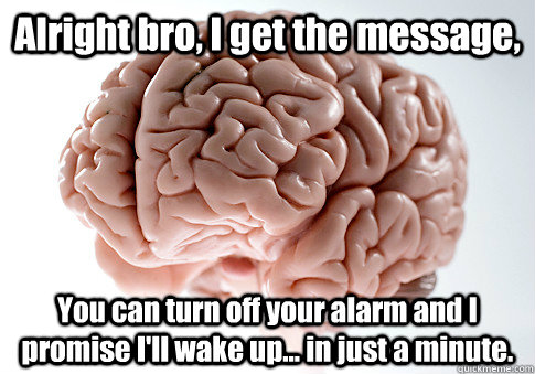 Alright bro, I get the message, You can turn off your alarm and I promise I'll wake up... in just a minute.  Scumbag Brain