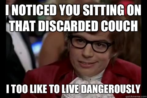 I noticed you sitting on that discarded couch i too like to live dangerously  Dangerously - Austin Powers