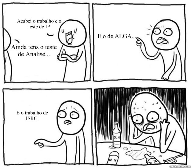 Acabei o trabalho e o 
teste de IP Ainda tens o teste de Analise... E o de ALGA.... E o trabalho de ISRC.  Overconfident Alcoholic Depression Guy