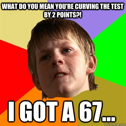 What do you mean you're curving the test by 2 points?! i got a 67...  Angry School Boy