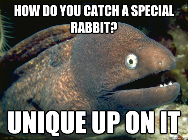 How do you catch a special rabbit? Unique up on it  Bad Joke Eel