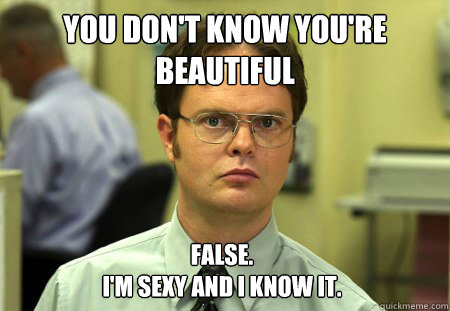 You don't know you're beautiful False.
I'm sexy and I know it.  Dwight