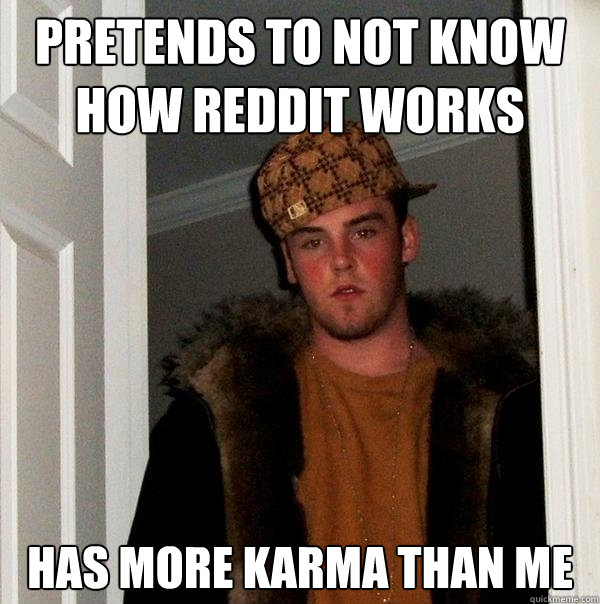 Pretends to not know how reddit works has more karma than me  Scumbag Steve