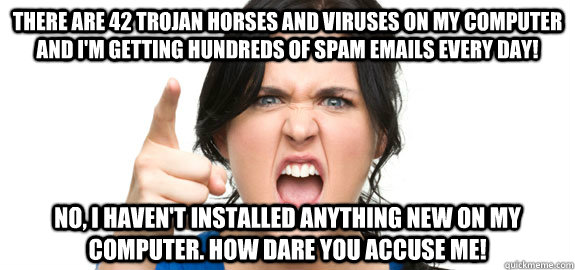 There are 42 trojan horses and viruses on my computer and I'm getting hundreds of spam emails every day! No, I haven't installed ANYTHING new on my computer. how dare you accuse me!  Angry Customer