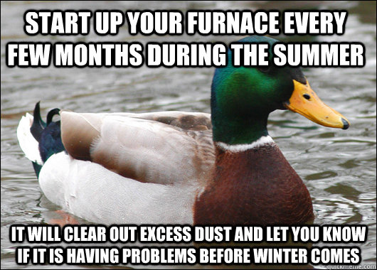 Start up your furnace every few months during the summer it will clear out excess dust and let you know if it is having problems before winter comes - Start up your furnace every few months during the summer it will clear out excess dust and let you know if it is having problems before winter comes  Actual Advice Mallard