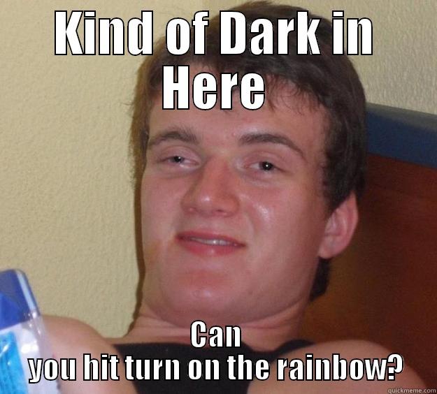 KIND OF DARK IN HERE CAN YOU HIT TURN ON THE RAINBOW? 10 Guy