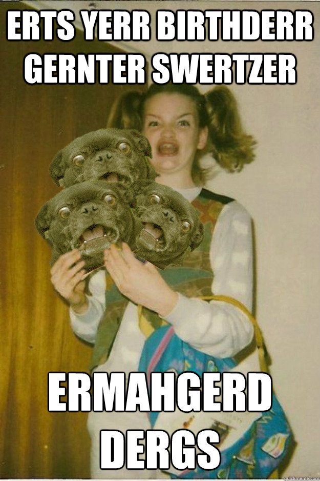 ERTS YERR BIRTHDERR GERNTER SWERTZER ERMAHGERD DERGS  ermahgerd dergs