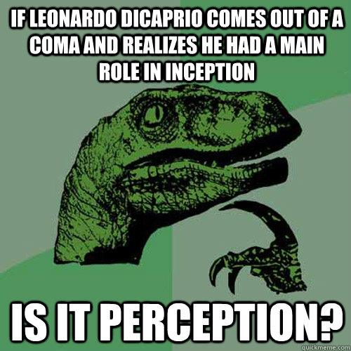 If Leonardo Dicaprio comes out of a coma and realizes he had a main role in Inception Is it perception? - If Leonardo Dicaprio comes out of a coma and realizes he had a main role in Inception Is it perception?  Philosoraptor